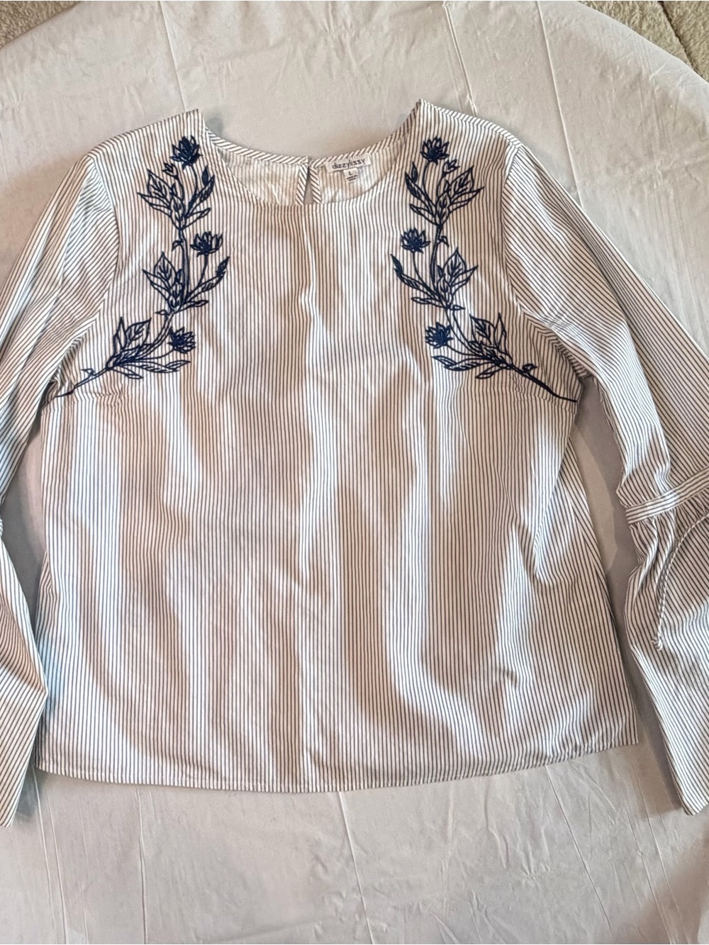 Dizzy Lizzy L Blue White Pinstripe Embroidered Floral Bell Sleeve Cotton Top